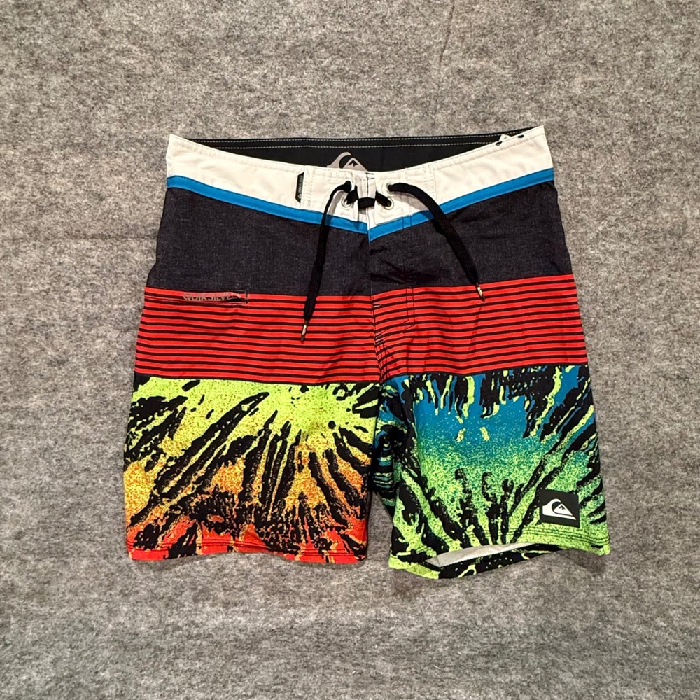 Quiksilver Boys 14 Boardshorts 28" Dry Flight Striped Tropical Neon Swim Trunks